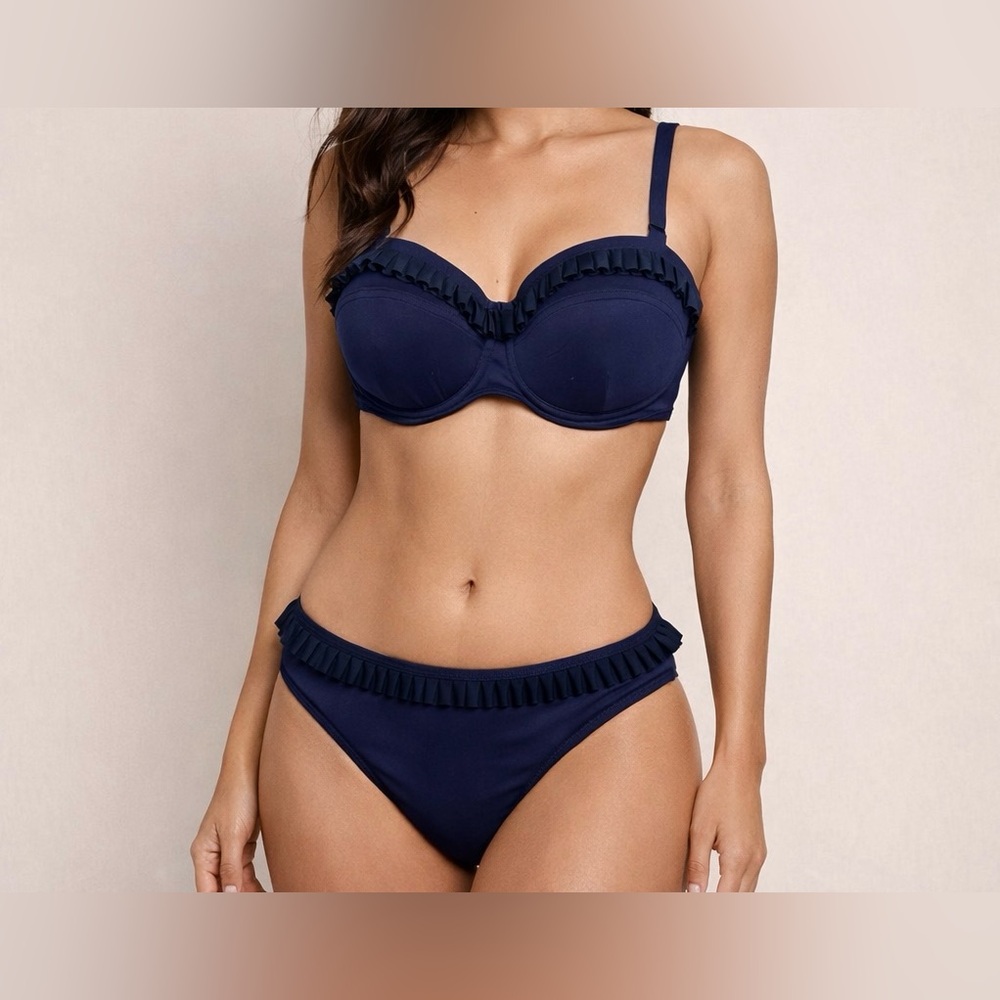 Seafolly Goddess Biba Bustier Bikini Set Top + Bottom Blue Ruffle Swim Size 8/10